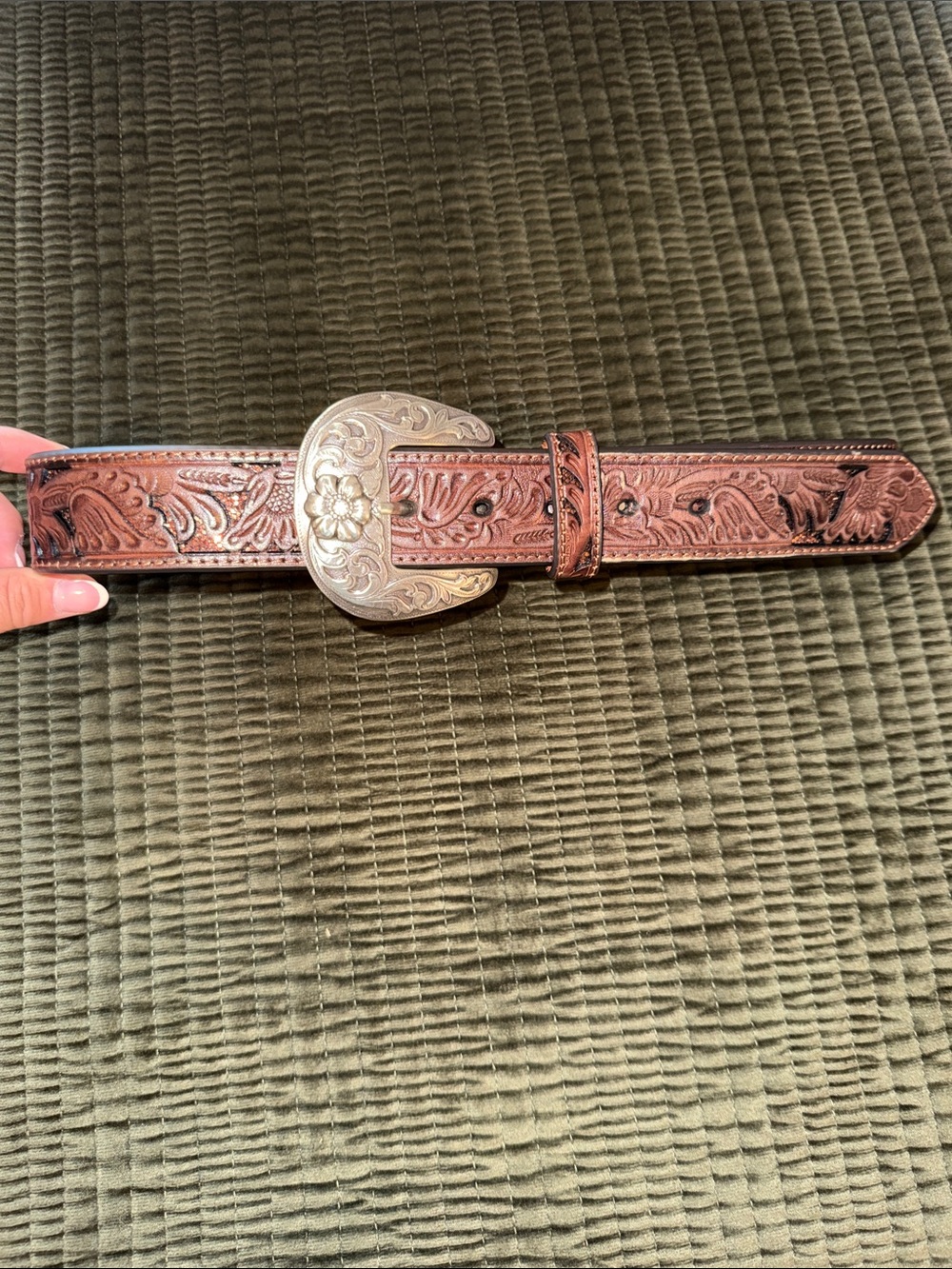 Tooled Brown Leather Western Belt with Floral Silver Buckle